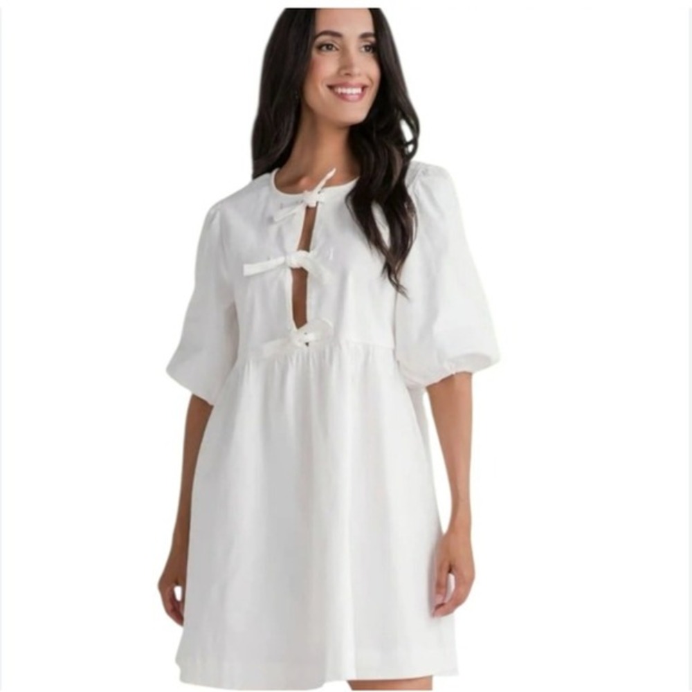 Joie White Cotton Poplin Babydoll Mini Dress Short Puff Sleeve Bow Front Small